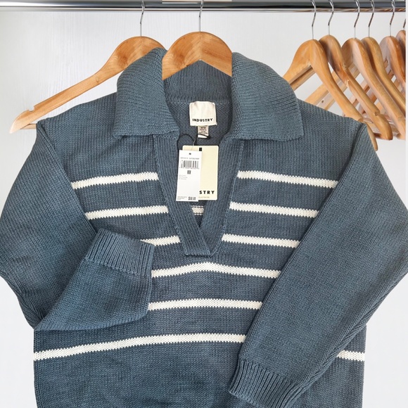 NWT Slate Blue & Ivory Striped Collared Pullover Sweater (Size: M) | Orig $88 - Picture 1 of 2